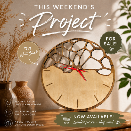 Modern Geometric Wood Wall Clock – 16” Handmade Laser Cut Clock