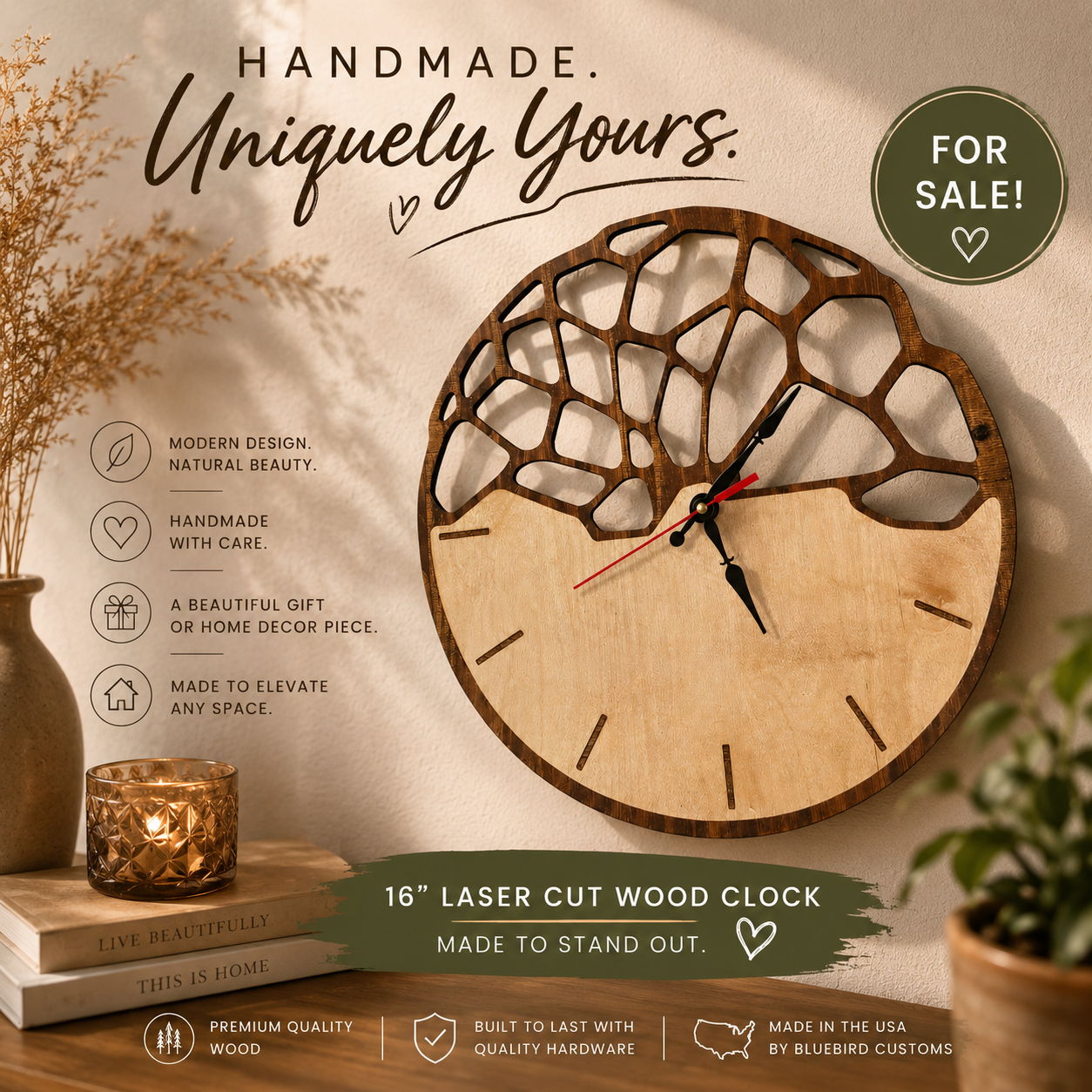 Modern Geometric Wood Wall Clock – 16” Handmade Laser Cut Clock